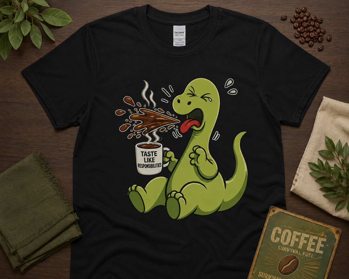 Funny coffee dinosaur shirt on black Gildan tee with caffeinated dino graphic and cozy coffee themed flat lay