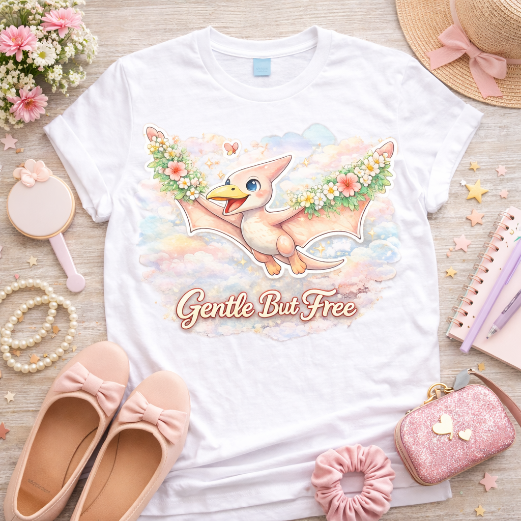 Pastel pterodactyl graphic tee with floral wings and gentle but free text on white shirt soft aesthetic dinosaur shirt flatlay