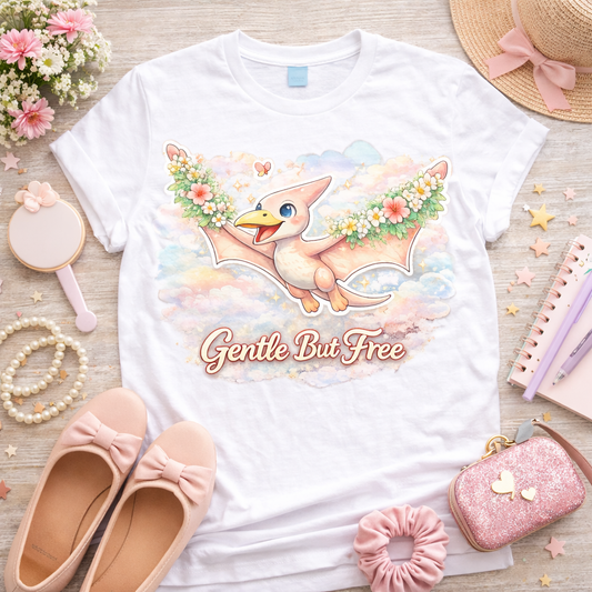 Pastel pterodactyl graphic tee with floral wings and gentle but free text on white shirt soft aesthetic dinosaur shirt flatlay