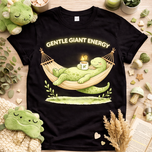 Black shirt flatlay featuring gentle giant energy brontosaurus hammock design with glowing text cozy dinosaur aesthetic graphic tee