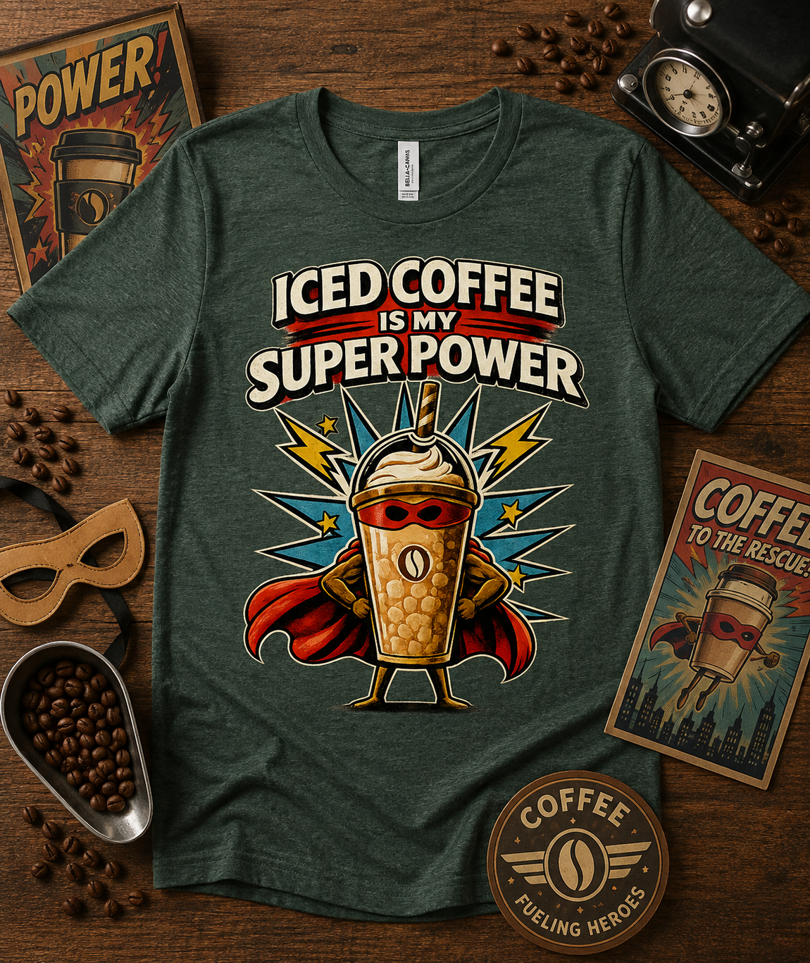 Iced Coffee Is My Super Power retro superhero iced coffee graphic tee on Heather Forest Bella Canvas 3001 Premium Soft Shirt featuring comic inspired coffee hero artwork for café lovers baristas outdoor coffee fans and comic enthusiasts across the United States