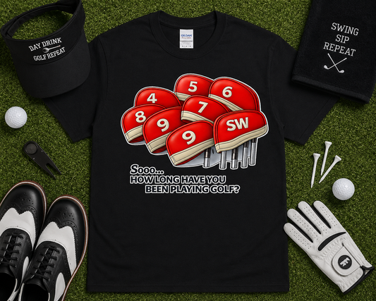 Funny golf t shirt in black featuring humorous golf club cover graphic design