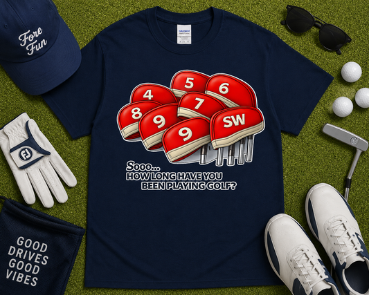 Navy unisex golf t shirt with funny golf club cover design
