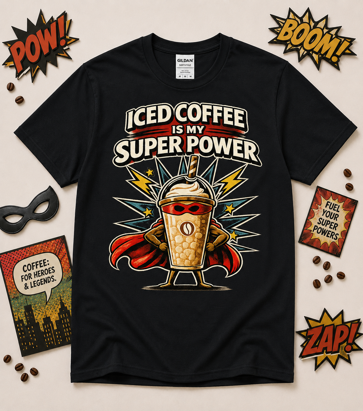 Retro iced coffee superhero graphic tee on black shirt featuring funny caffeine lover design perfect for coffee addicts baristas and everyday coffee drinkers