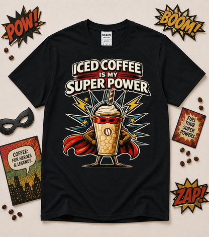 Retro iced coffee superhero graphic tee on black shirt featuring funny caffeine lover design perfect for coffee addicts baristas and everyday coffee drinkers