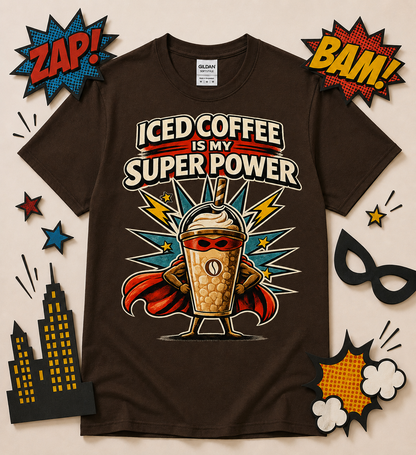 Funny superhero iced coffee shirt on dark chocolate brown tee featuring comic style caffeine design for coffee enthusiasts baristas and coffee shop lovers