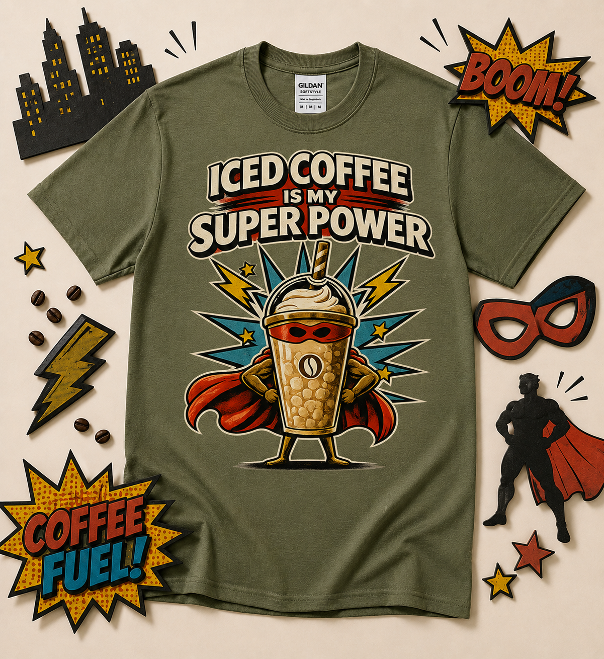 Funny iced coffee superhero graphic t shirt on military green tee with retro comic caffeine artwork for coffee lovers and cold brew fans
