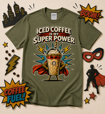 Funny iced coffee superhero graphic t shirt on military green tee with retro comic caffeine artwork for coffee lovers and cold brew fans