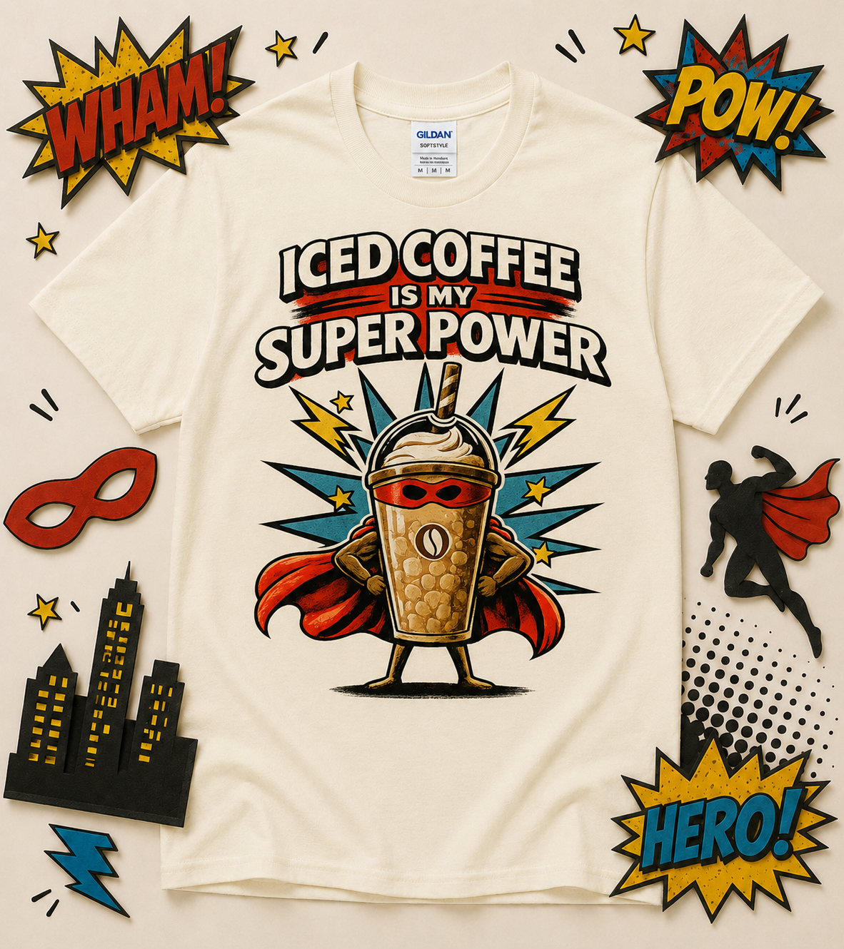Funny iced coffee graphic tee on natural shirt featuring superhero coffee character and retro comic artwork for coffee lovers and caffeine fans