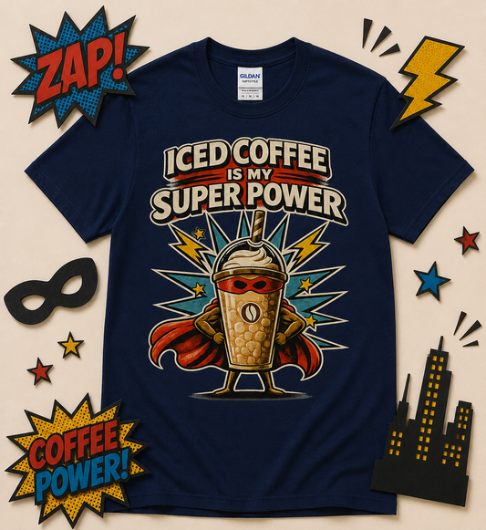 Funny iced coffee lover superhero graphic tee on navy blue shirt featuring retro comic style caffeine character and iced coffee is my super power design for coffee lovers and caffeine enthusiasts