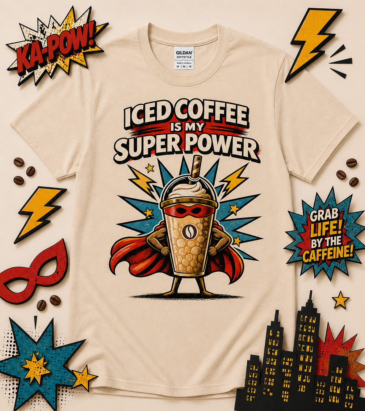 Retro comic iced coffee is my super power graphic tee on sand shirt featuring superhero coffee artwork for coffee lovers caffeine addicts and casual everyday wear