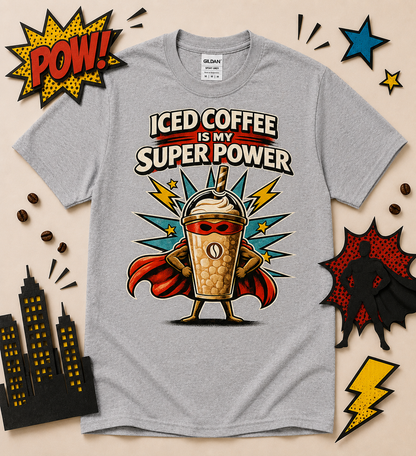 Funny iced coffee is my super power graphic t shirt on sport grey shirt with retro superhero coffee design for caffeine lovers coffee drinkers and coffee shop fans