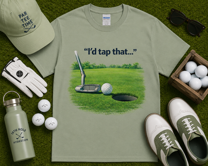 Sage funny golf tee featuring golf putter and putting hole graphic