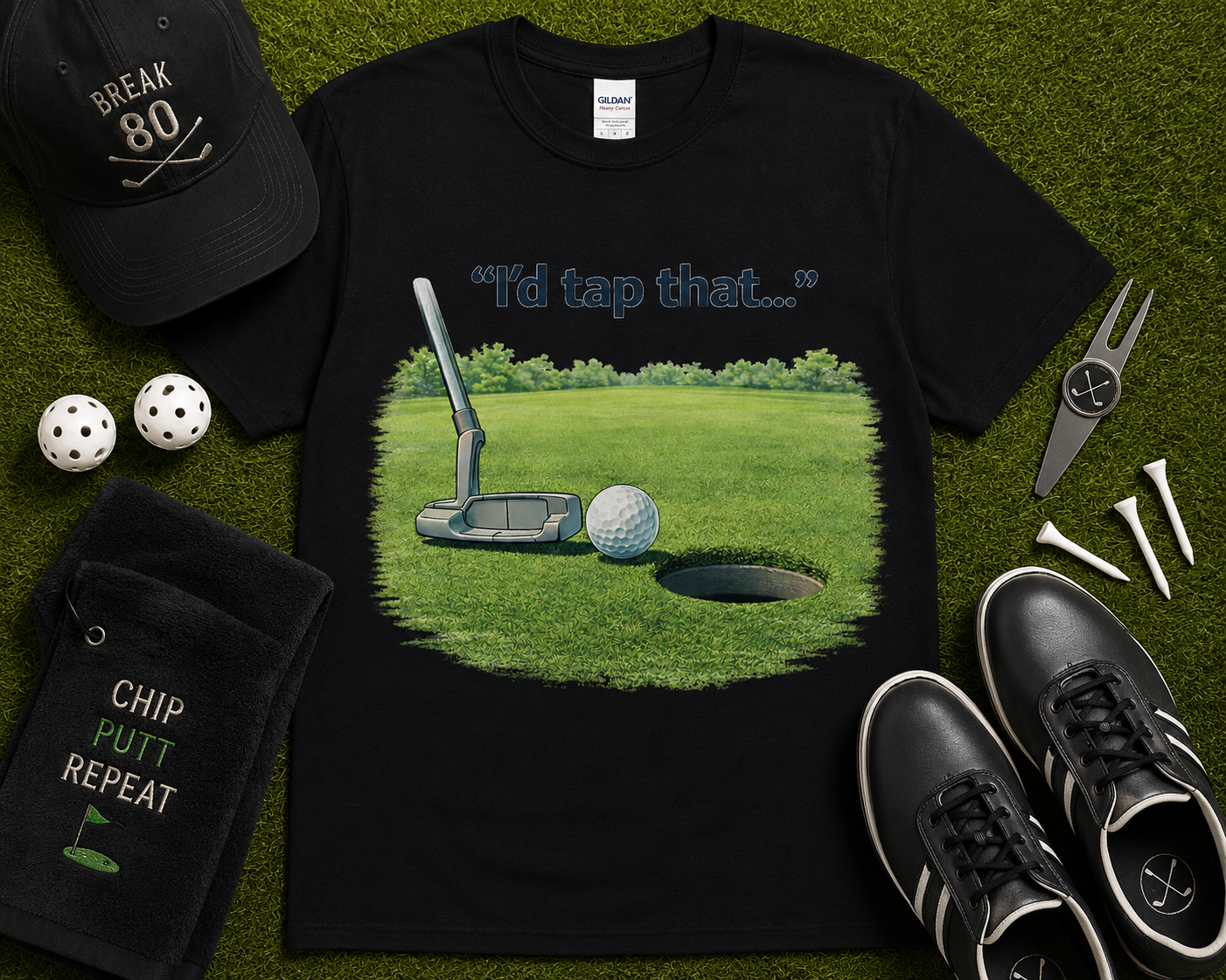 Funny golf t shirt in black featuring Id Tap That putting golf graphic design