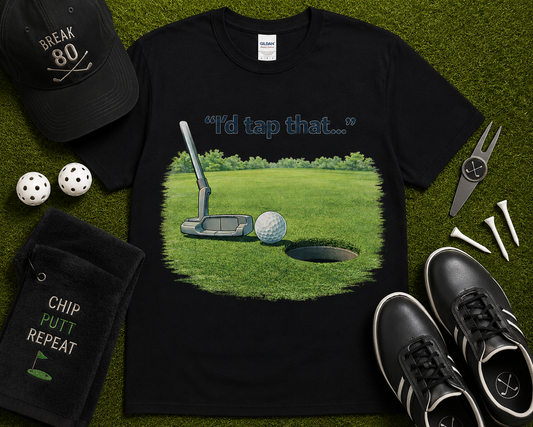 Funny golf t shirt in black featuring Id Tap That putting golf graphic design