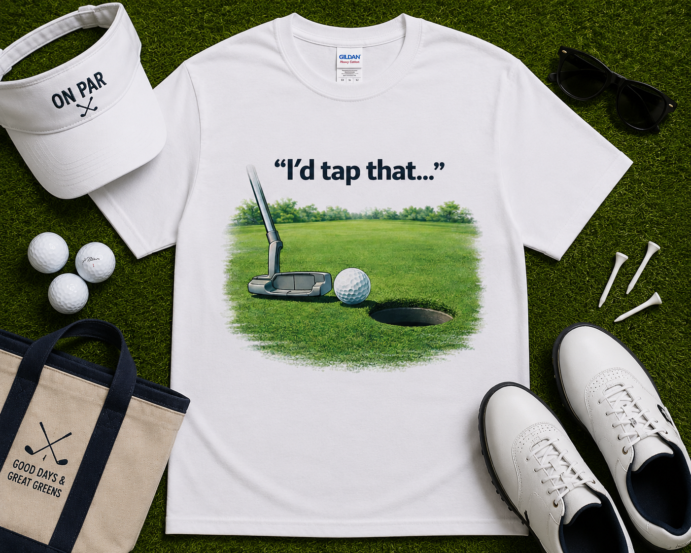 White funny putting golf t shirt with minimalist golf green graphic