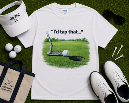 White funny putting golf t shirt with minimalist golf green graphic
