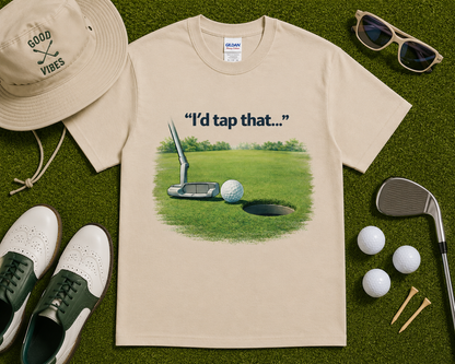 Funny golf putting shirt in sand color with golf humor graphic design