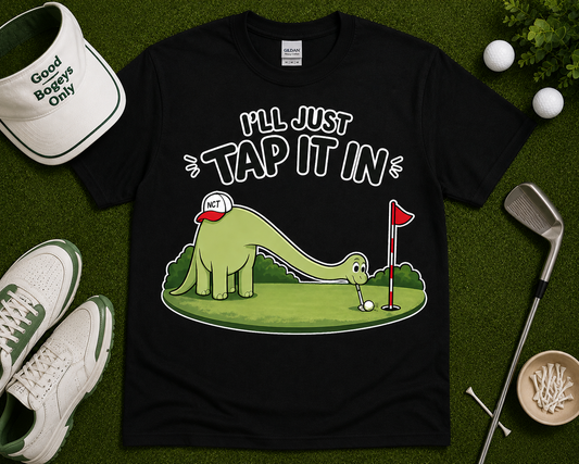 Funny dino golf t shirt in black featuring Brussel dinosaur tapping in golf ball graphic
