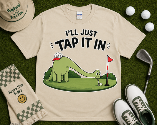 Funny dinosaur golf shirt in sand color featuring playful Brussel golf graphic