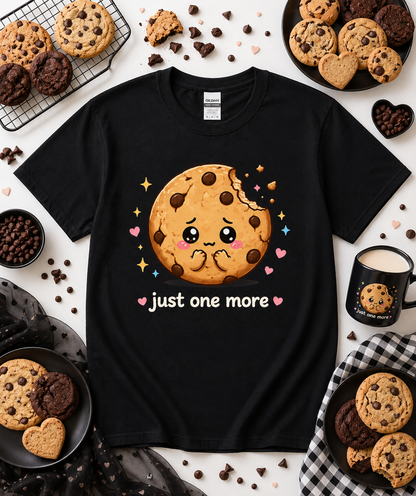 Black Just One More cute chocolate chip cookie graphic tee with kawaii dessert aesthetic flat lay