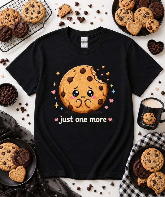 Black Just One More cute chocolate chip cookie graphic tee with kawaii dessert aesthetic flat lay