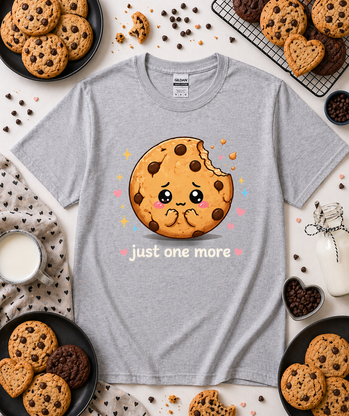 Gray Just One More cute cookie graphic t shirt with kawaii chocolate chip dessert artwork