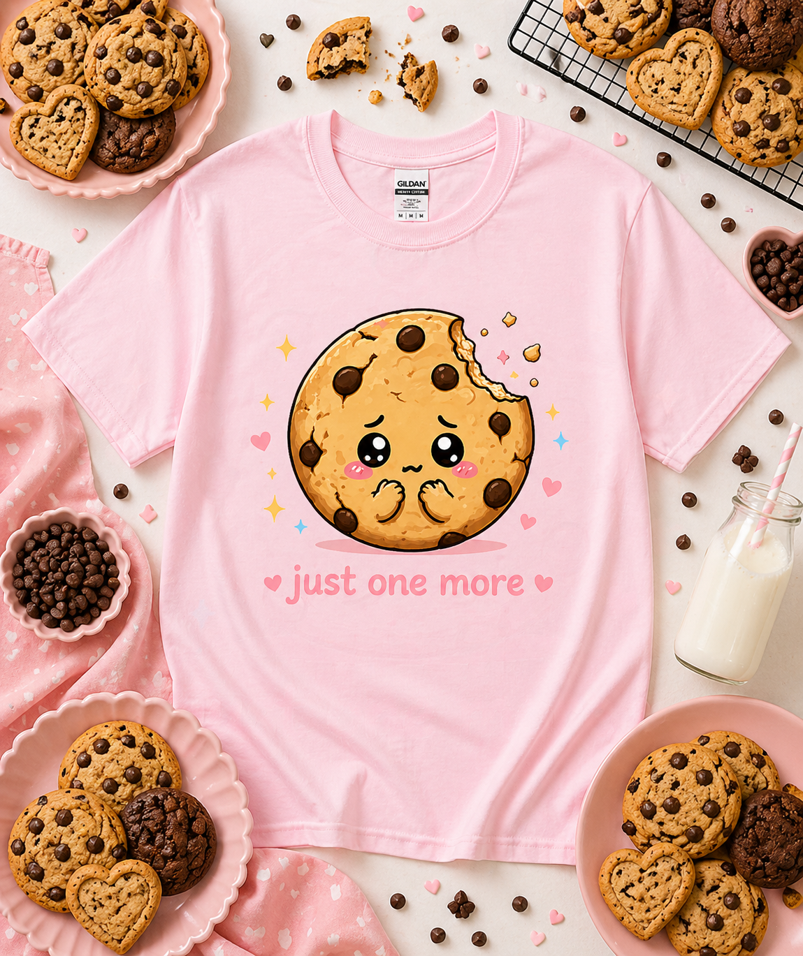 Light pink Just One More cute dessert graphic tee with smiling chocolate chip cookie design