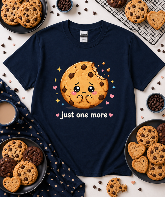 Navy Just One More kawaii cookie graphic t shirt with cute foodie aesthetic