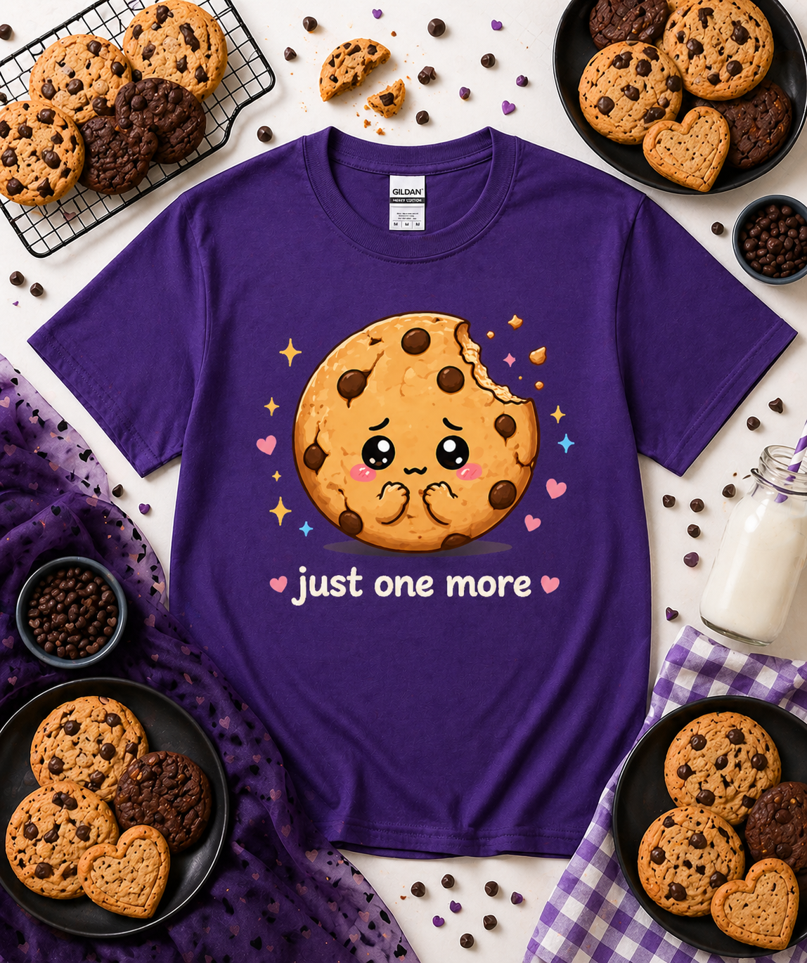 Purple Just One More cute cookie lover graphic tee with pastel dessert artwork