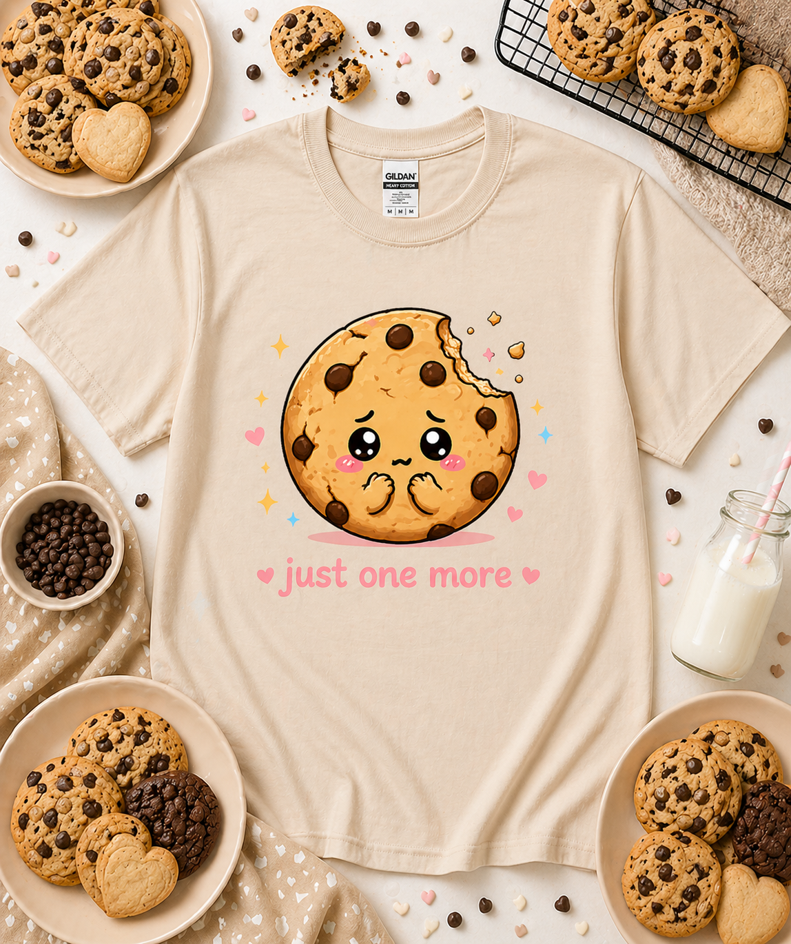 Sand Just One More cute chocolate chip cookie t shirt with cozy bakery aesthetic