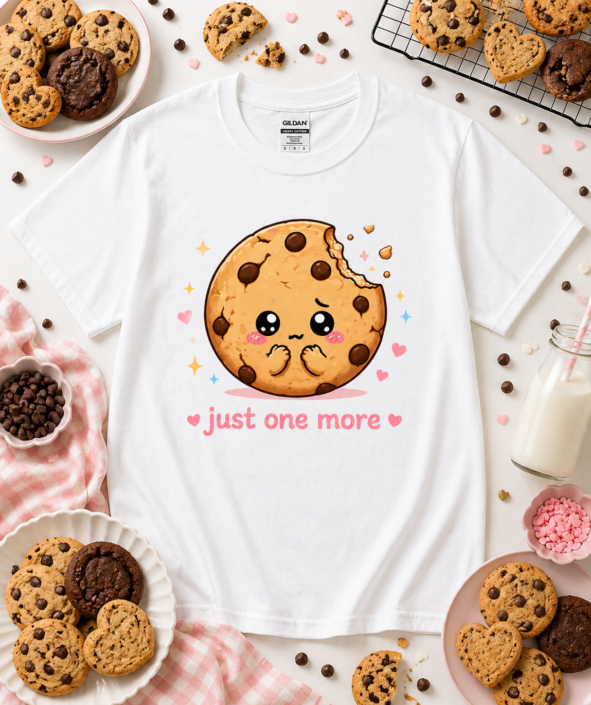 White Just One More kawaii cookie graphic tee with cute dessert lover aesthetic