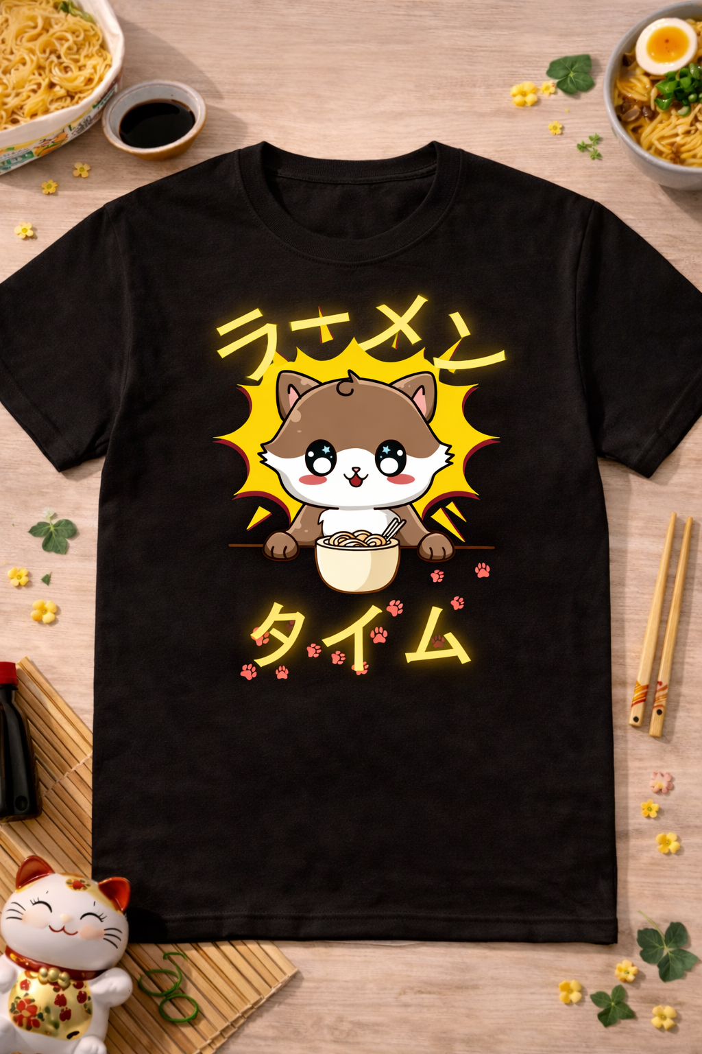 Black kawaii cat ramen graphic tee with cute anime design and Japanese text, styled with ramen bowls, chopsticks, and cozy foodie flatlay props.