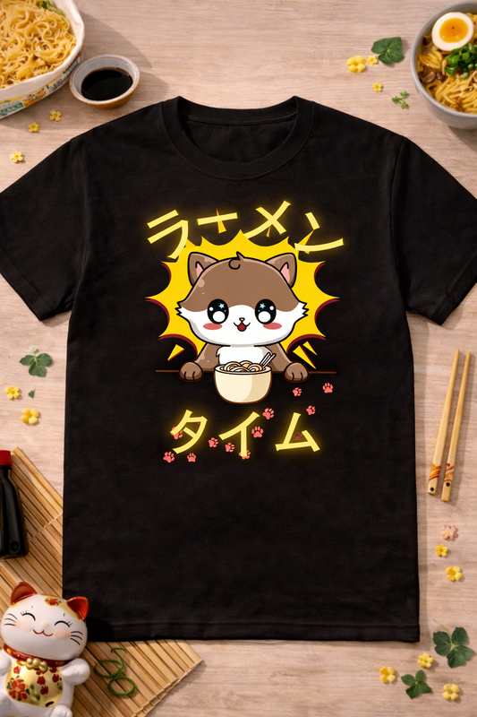 Black kawaii cat ramen graphic tee with cute anime design and Japanese text, styled with ramen bowls, chopsticks, and cozy foodie flatlay props.