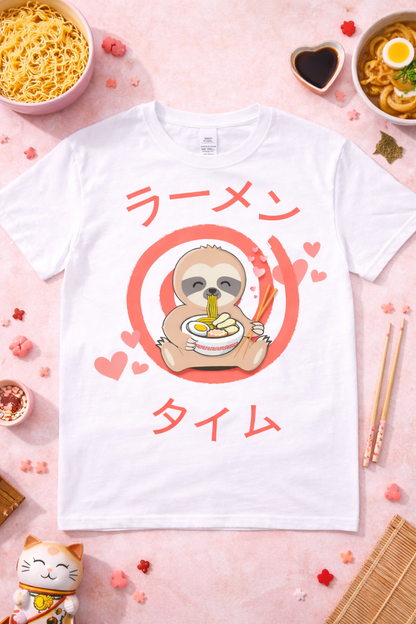 White graphic t-shirt featuring kawaii sloth eating ramen with hearts and Japanese text, styled in a cute pastel flatlay with ramen bowls and cozy accessories