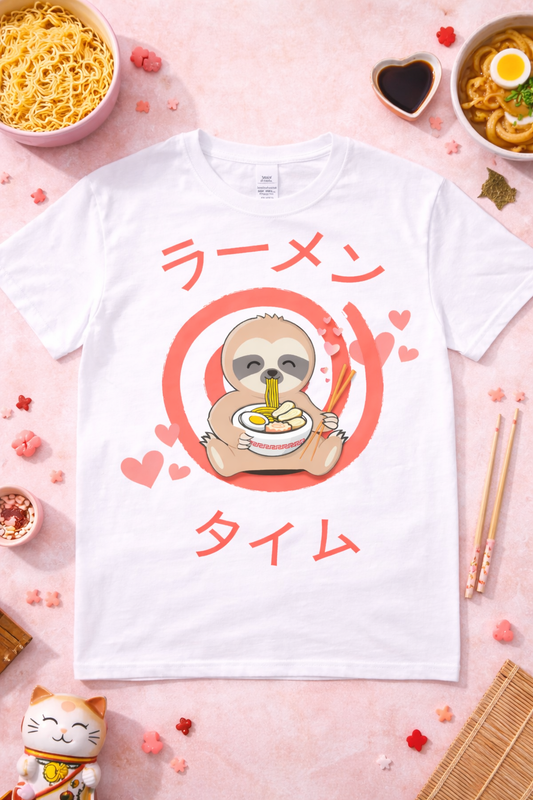 White graphic t-shirt featuring kawaii sloth eating ramen with hearts and Japanese text, styled in a cute pastel flatlay with ramen bowls and cozy accessories