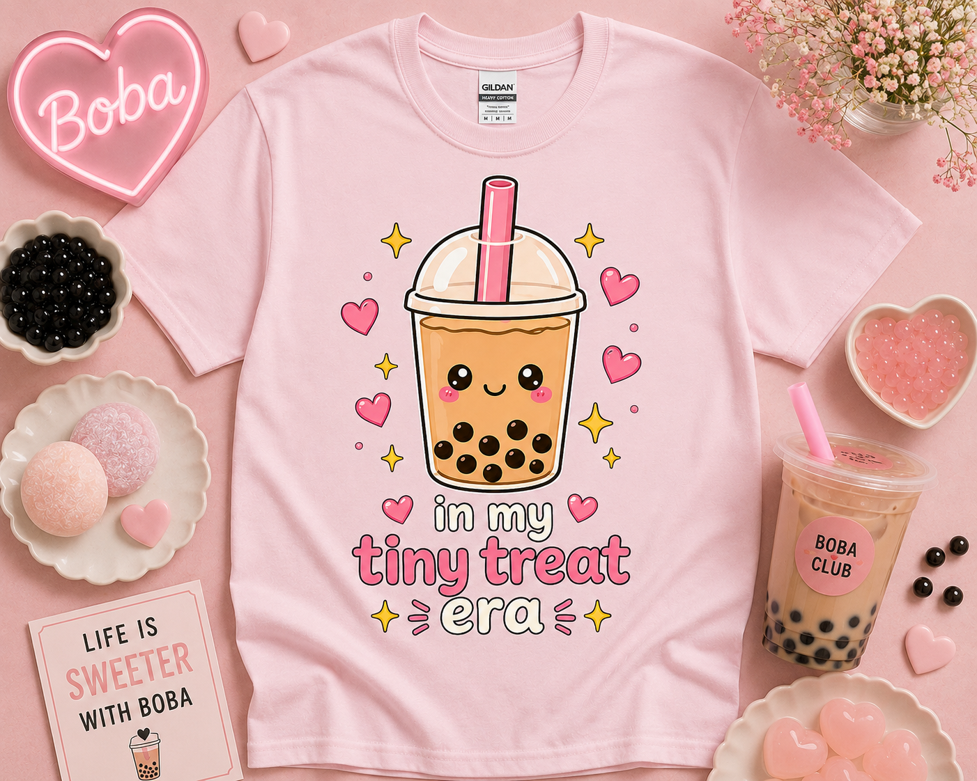Light pink cute boba tea shirt featuring kawaii tiny treat era design with hearts and pastel bubble tea aesthetic styled for feminine cozy fashion and soft girl clothing trends by New Chapter Tees