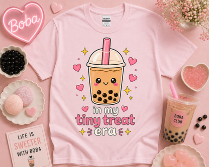Light pink cute boba tea shirt featuring kawaii tiny treat era design with hearts and pastel bubble tea aesthetic styled for feminine cozy fashion and soft girl clothing trends by New Chapter Tees