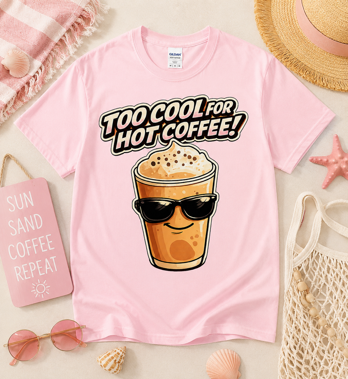 Light Pink Too Cool For Hot Coffee funny iced coffee graphic tee for coffee lovers featuring a cool coffee cup with sunglasses perfect for coffee shop visits brunch dates summer outfits and caffeine fans