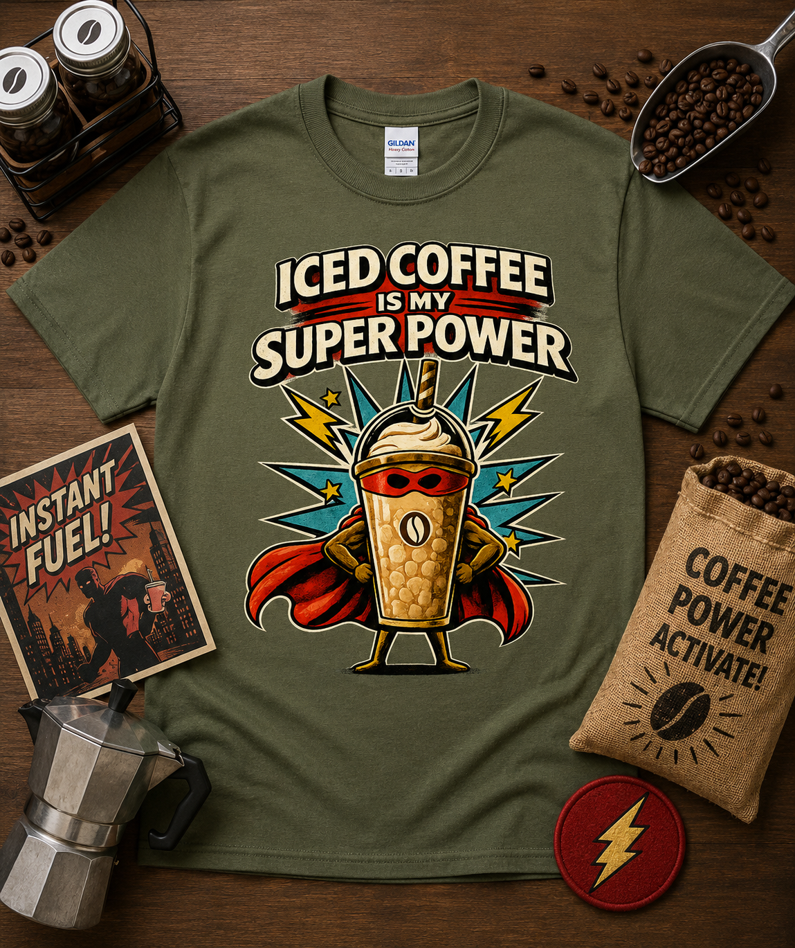 Iced Coffee Is My Super Power comic superhero coffee graphic tee on Military Green Gildan 5000 Classic Heavy Cotton featuring a caped iced coffee cup perfect gift for coffee lovers outdoor café fans comic lovers and baristas throughout the United States