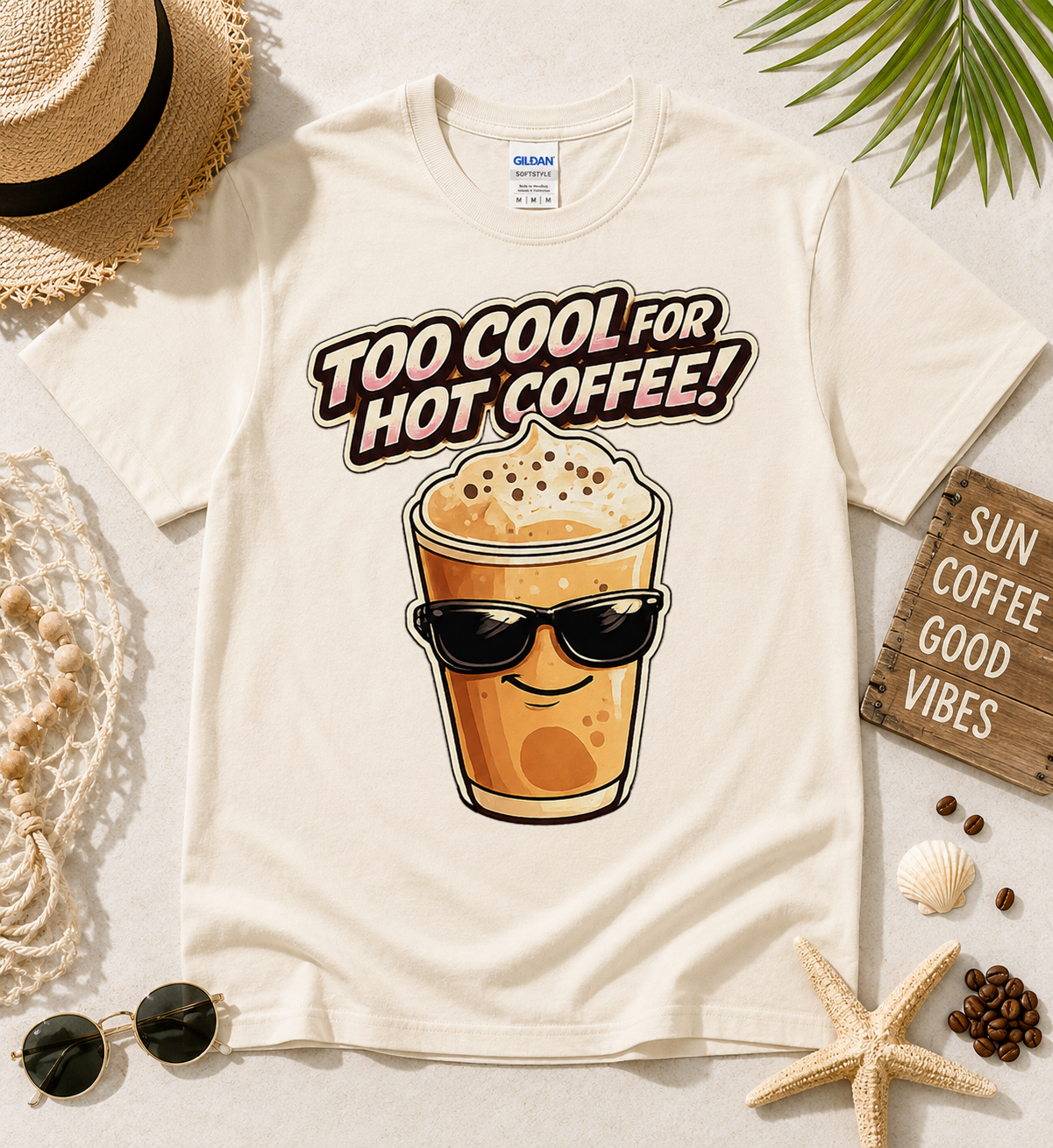 Natural Too Cool For Hot Coffee iced coffee lover shirt with funny caffeine themed artwork perfect for coffee shop outfits brunch gatherings vacation wear and coffee gift ideas