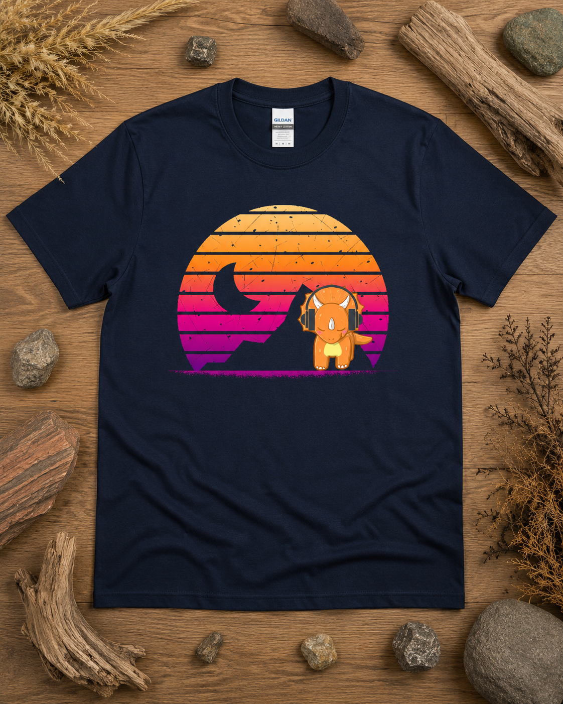 Cute retro triceratops headphones sunset dinosaur shirt on navy Gildan 5000 classic heavy cotton graphic tee