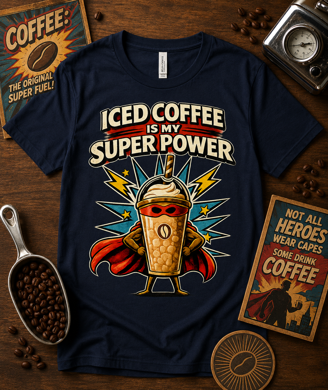 Iced Coffee Is My Super Power premium soft superhero coffee graphic tee on Navy Bella Canvas 3001 featuring bold retro comic iced coffee artwork ideal gift for coffee lovers baristas comic fans and everyday casual fashion in America