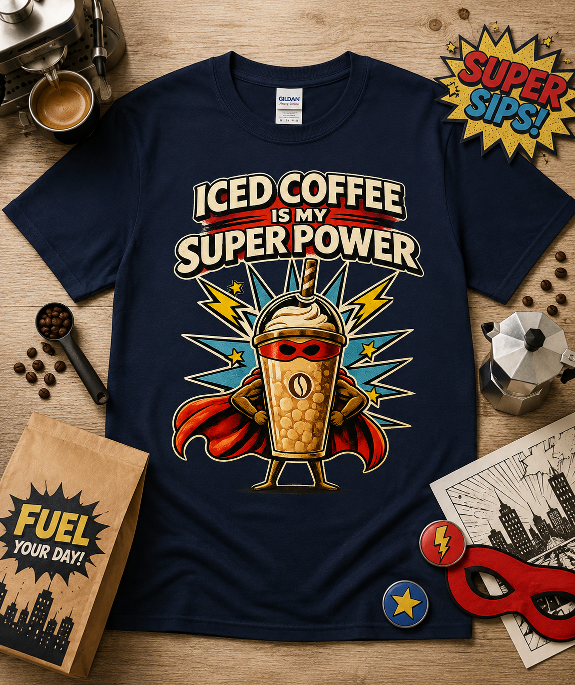 Iced Coffee Is My Super Power retro superhero iced coffee graphic tee on Navy Gildan 5000 Classic Heavy Cotton featuring comic style coffee hero artwork perfect gift for coffee lovers baristas café workers comic fans and everyday casual wear in the United States