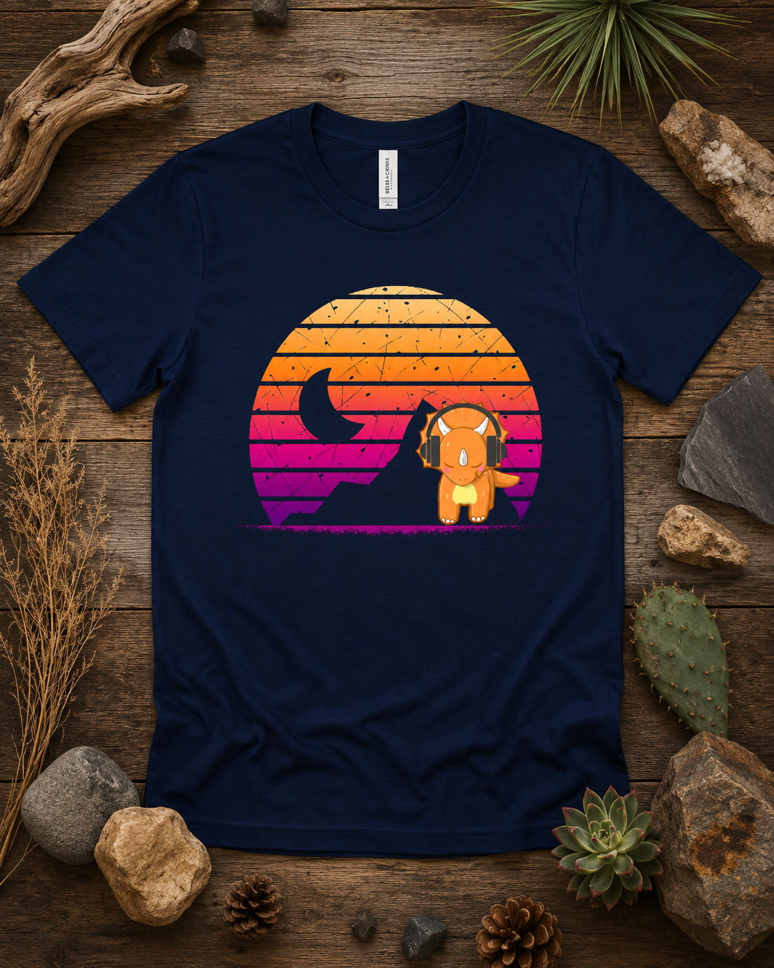 Cute retro triceratops headphones sunset dinosaur shirt on navy Bella Canvas 3001 premium soft tee
