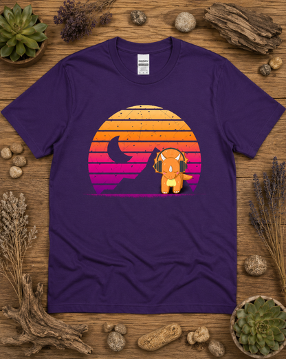 Cute retro triceratops headphones sunset dinosaur shirt on purple Gildan 5000 classic heavy cotton tee