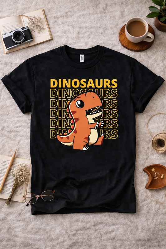 Black graphic t-shirt featuring a retro T-Rex dinosaur design with bold “Dinosaurs” text, styled in a cozy flatlay with coffee, books, and neutral aesthetic props