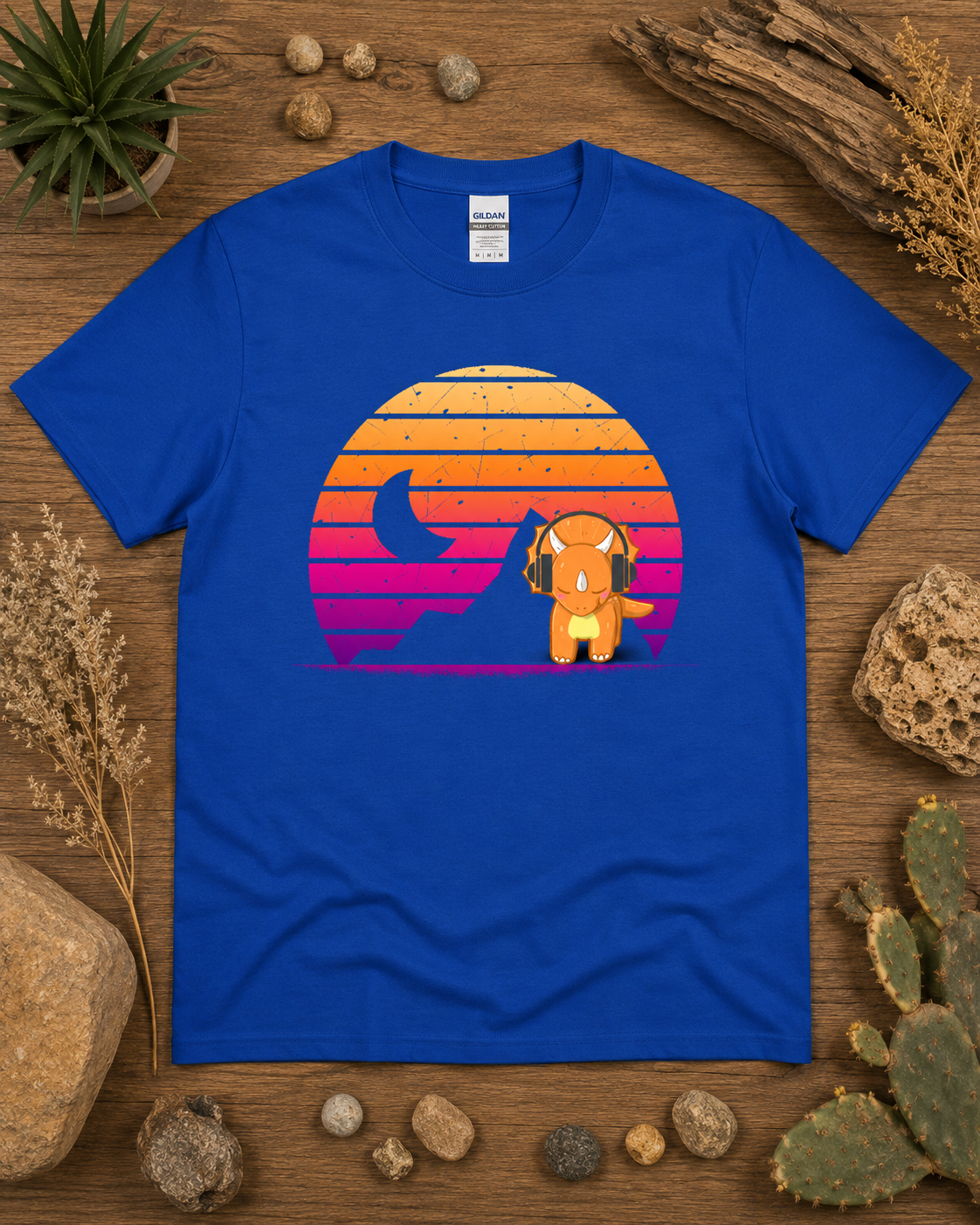 Cute retro triceratops headphones sunset dinosaur shirt on royal blue Gildan 5000 classic heavy cotton tee