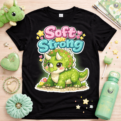Soft but strong triceratops graphic tee on black shirt with cute dinosaur design colorful lettering hearts and soft girl aesthetic flat lay
