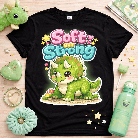 Soft but strong triceratops graphic tee on black shirt with cute dinosaur design colorful lettering hearts and soft girl aesthetic flat lay
